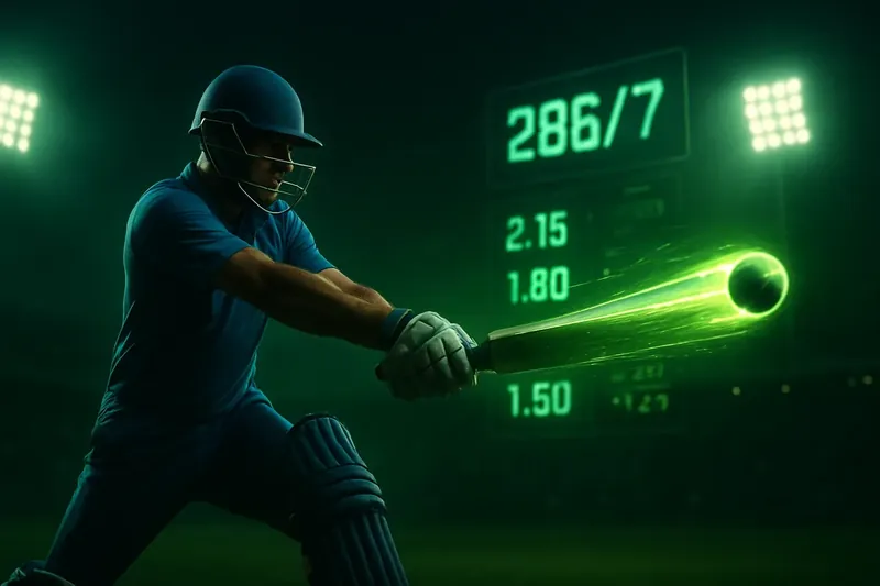 Cricket Power Shot Batsman in blue jersey hits shot with neon ball trail