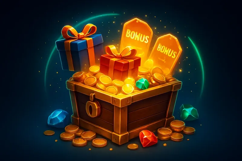 Golden treasure chest bursting with coins, gems, gifts, glowing bonus tags