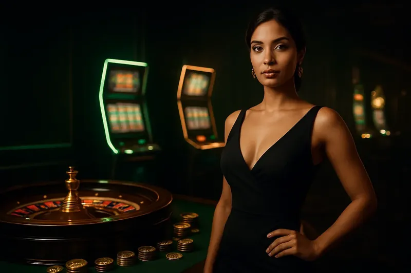Confident woman in evening dress near roulette and slot machines in luxury casino