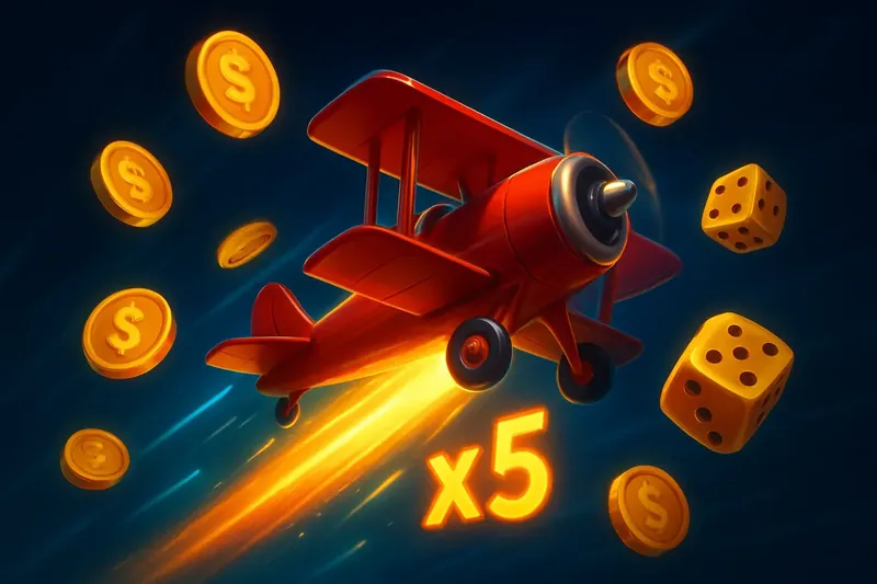 Aviator Crash Game Scene Red airplane soaring with glowing multiplier trail, coins and dice floating
