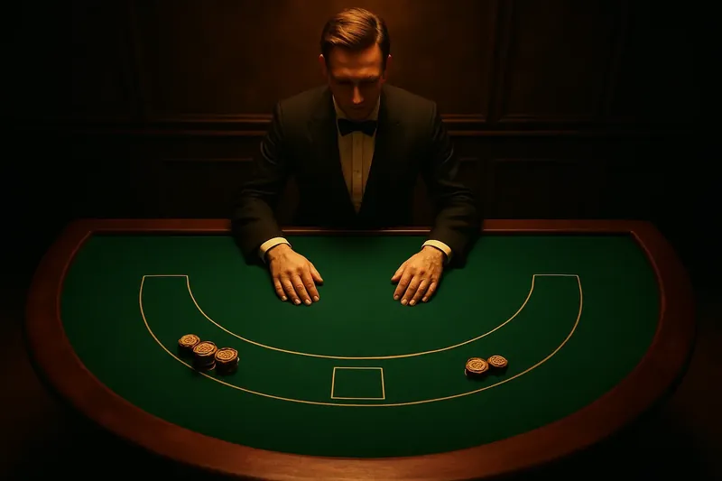 Elegant Live Casino Professional dealer behind green felt table with golden chips under spotlight