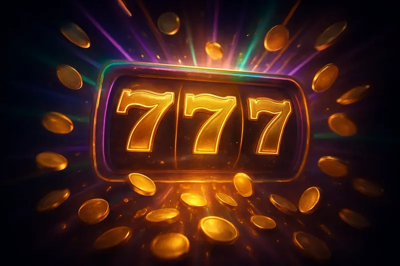 Golden 777 Jackpot Slot machine jackpot with golden 777s, exploding coins, neon light beams